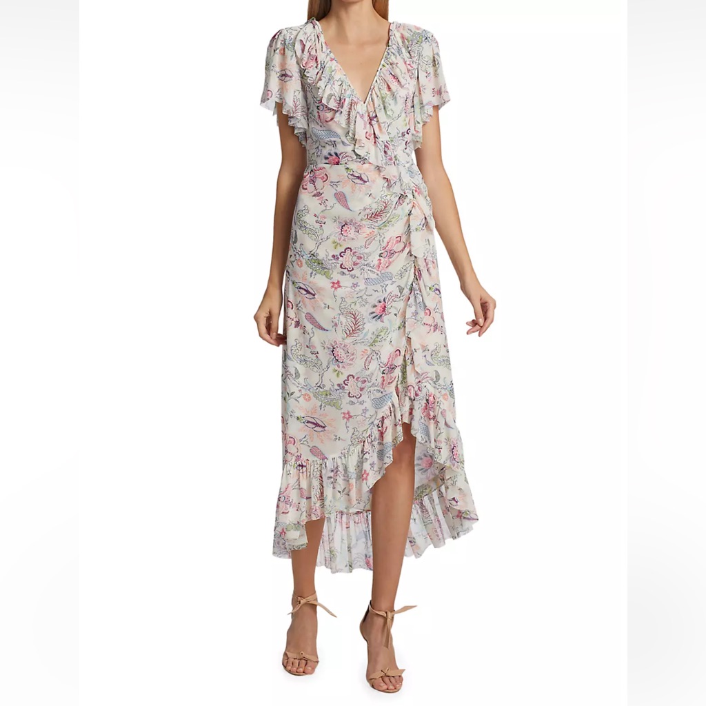 Cinq Sept Sheilla Floral Ruffle Midi-Dress New With Tags